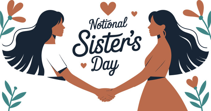 National sisters day illustration of two sisters holding hands with hearts and flowers