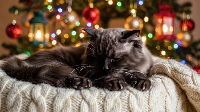 Cozy ragdoll cat yawns on a knitted blanket in front of a Christmas tree with glowing lights and ornaments