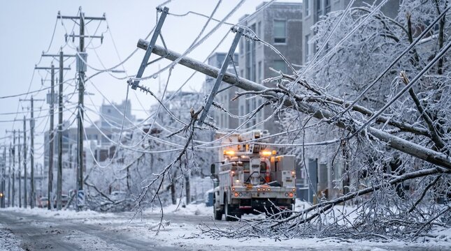 Utility truck repairing downed power lines after winter storm damage  