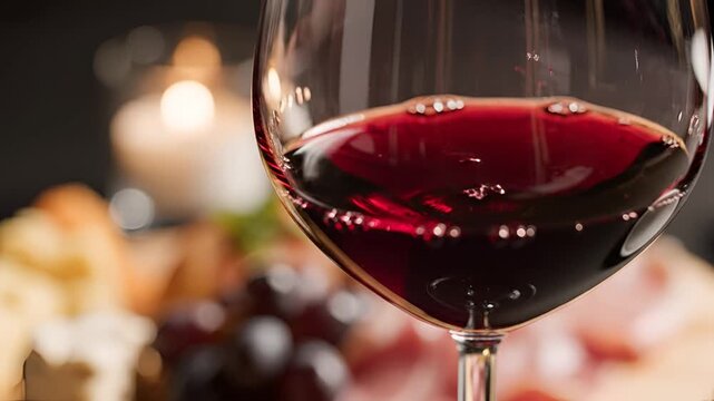 Pouring Red Wine into a Glass with Romantic Candlelight and Appetizers.
