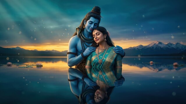 Shiva Parvati Sacred Embrace &ndash; Divine Lake Twilight Serenity
