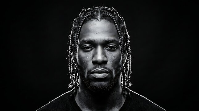 Serious black man with braided hair in dramatic black and white