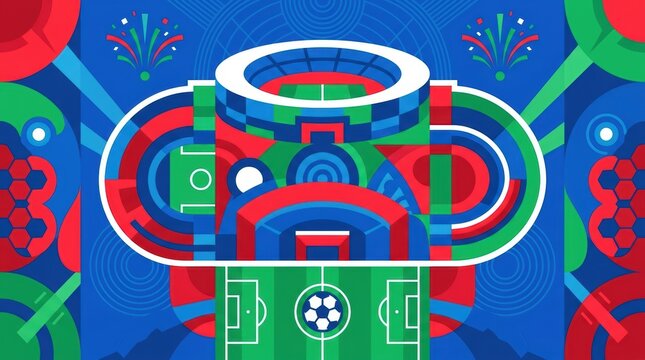 Abstract soccer championship trophy illustration with stadium elements and football field pattern