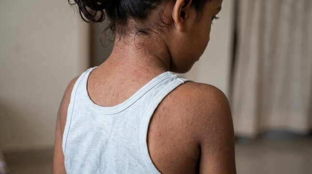 Close-up of a young child's neck and shoulder showing prickly heat rash and skin irritation during extreme summer humidity