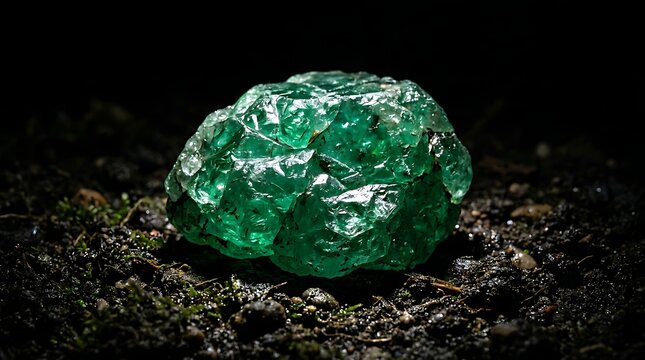 Large raw emerald gemstone resting on dark damp earth