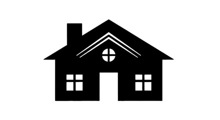Fototapeta premium Minimal black silhouette icon, simple flat vector, bold black shape, no, no shading black silhouette icon of a house with a chimney and windows on a, flat icon style