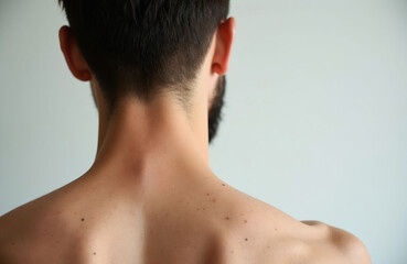 Naklejka premium Male back and neck detail with skin texture and moles. Close up view of human shoulders and nape against light grey background. Natural flesh tones visible.