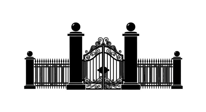 Minimal black silhouette icon, simple flat vector, bold black shape, no, no shading wrought iron gate with fence and stone pillars on a, flat icon style