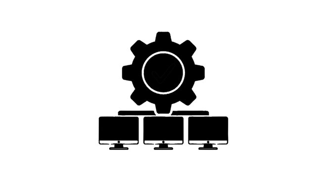 Minimal black silhouette icon, simple flat vector, bold black shape, no, no shading computer network maintenance icon with gear and checkmark symbol on a, flat icon style