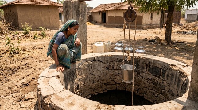 Rural woman in traditional clothing drawing water from an old stone village well in a dry arid landscape during severe drought