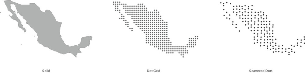 Obraz premium Set of uzbekistan map silhouettes in solid, dot grid and scattered dots style vector illustration