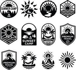 Collection of black and white outdoor adventure emblems featuring camping hiking and travel themes with suns mountains trees and water elements © Nayon