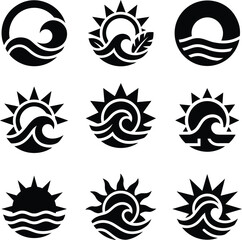 Collection of nine stylized graphic icons depicting a sun and wave motif in a circular arrangement for summer and beach themes © Nayon