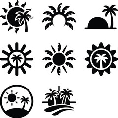 Collection of stylized tropical palm trees and sun icons representing vacation and summer themes © Nayon