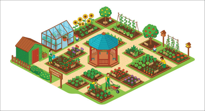 Community Garden Illustration Isometric Vegetable Patch With Greenhouse And Gazebo
