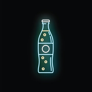 Neon light soda bottle icon glowing on a dark background showing fizzy drink