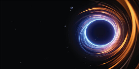 Abstract dark space background with a glowing blue galaxy spiral swirl, bright stars, and energy lines creating a motion backdrop design with space for text © Midul