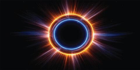 A glowing solar eclipse illustration depicts the sun as a dark circle rimmed by a fiery ring of gas and blue energy flames burning against the black cosmos of space © Midul