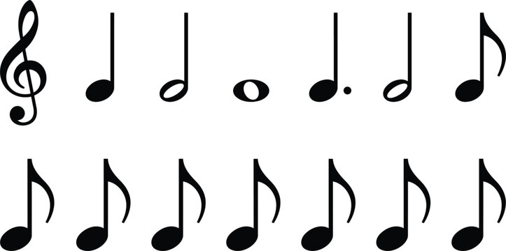 Classic musical note and treble clef symbol collection featuring rhythmic notation harmony melody and sound composition