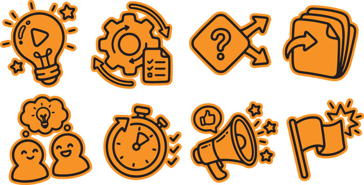 Business and project management icons in hand drawn style with question mark lightbulb checklist document brainstorming stopwatch megaphone strategy teamwork analysis management