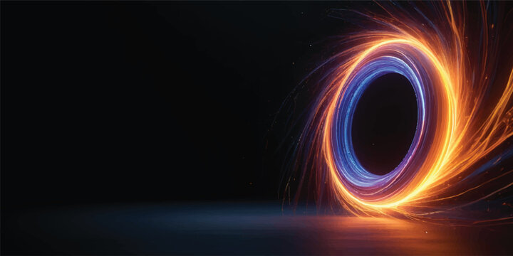 Abstract glowing neon light circles and fractal flares dance through dark space, creating a motion of blue energy and rainbow lens rays in this bright artistic background design
