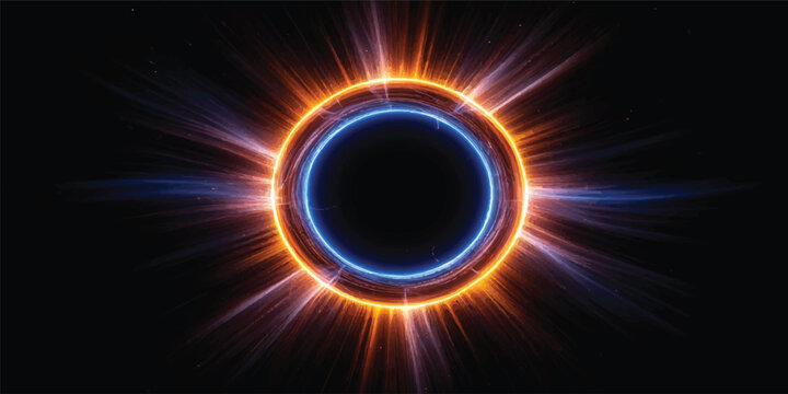 A glowing solar eclipse illustration depicts the sun as a dark circle rimmed by a fiery ring of gas and blue energy flames burning against the black cosmos of space