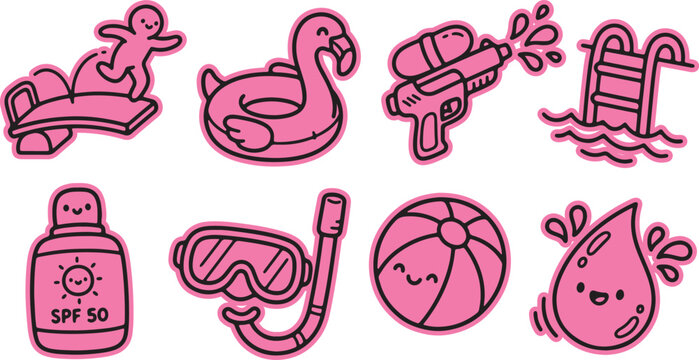 Summer vacation and beach fun doodle icons with flamingo float water gun vacation sunscreen swimsuit collection activity relaxation splashing refreshment illustration