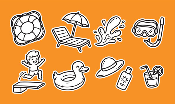 Summer pool party and beach vacation doodle icons with duck float water splash diving board vacation umbrella sunscreen cocktail collection relaxation activity children lifebuoy