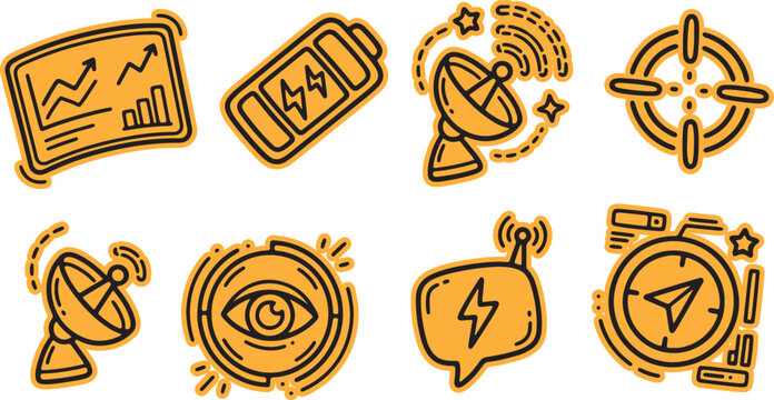 Set of doodle style orange technology icons for communication data power tracking. modern digital symbols in hand drawn style with icon set speech bubble technology communication tracking