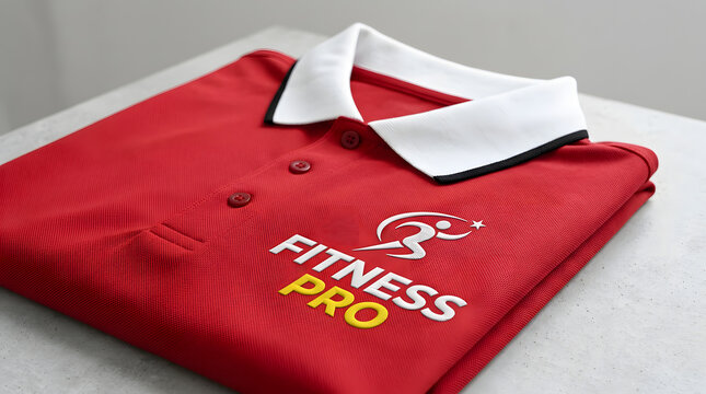 Neatly folded red polo shirt mockup with white collar and fitness pro runner logo printed on chest placed on a stone surface