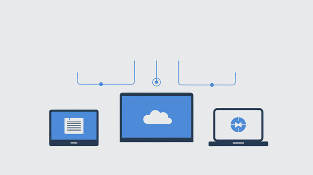 Three laptops connected to cloud storage network with sync icons