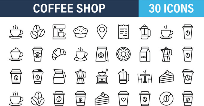 Coffee shop outline icon set featuring cafe beverages desserts takeaway cups and modern restaurant accessories collection