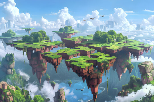 Dynamic floating islands landscape for fantasy game backgrounds, environmental concepts, and digital art.