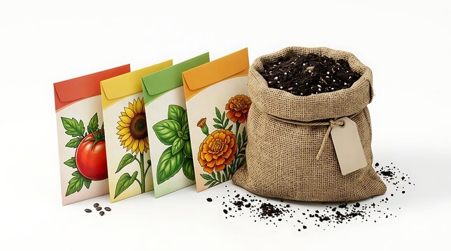 Assorted gardening seed packets with a burlap sack of fertile soil