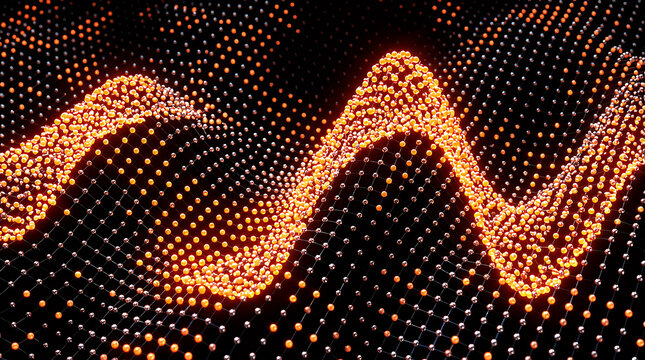 Surface grid of illuminated orange spheres creates a rhythmic wave motion that represents the fluid nature of big data, artificial intelligence processing, and complex digital architecture landscapes.