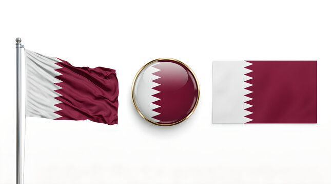 Collection of qatar flags in different formats waving fabric round badge and flat rectangle