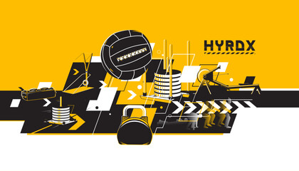 Fototapeta premium Hyrox indoor fitness banner design with 8 functional workout stations.
