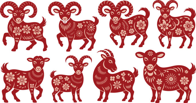 Red goat and sheep chinese zodiac animal silhouettes with traditional floral papercut art