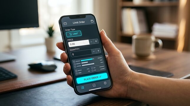 Hand holding smartphone with stock trading app interface