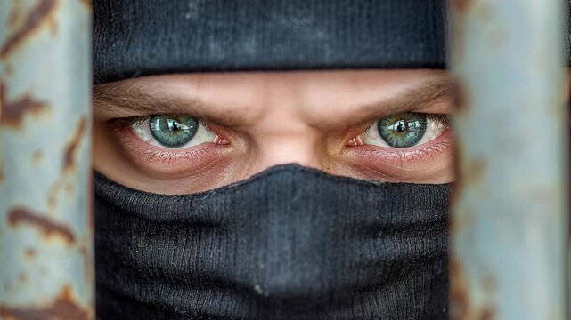 A close up view of a man with green eyes wearing a balaclava mask staring behind prison bars.