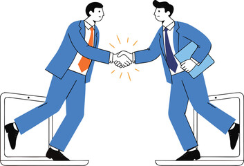 Fototapeta premium Businessmen shaking hands through laptop screens representing remote partnership and digital communication in global corporate networking for virtual work meetings.