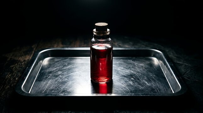 Red potion bottle on a metal tray in a dark laboratory