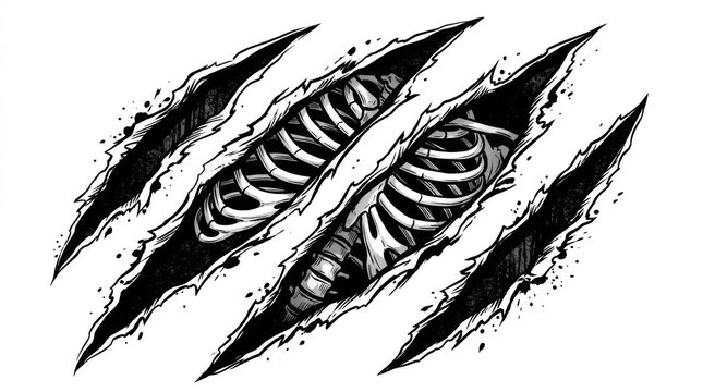 Scratched Skin Revelation: A chilling image depicting deep, jagged scratches revealing a skeletal ribcage beneath torn skin, creating a powerful and unsettling visual metaphor.