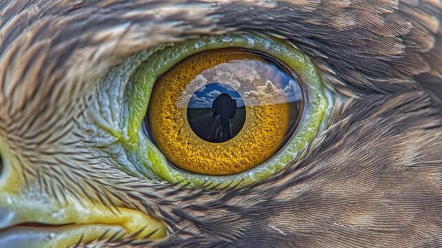 Extreme macro close-up of a falcon's eye with a golden yellow iris reflecting a blue sky with white clouds and a photographer silhouette, surrounded by detailed brown feathers.