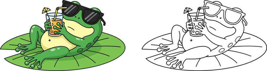 Obraz premium Relaxed Cartoon Frog in Sunglasses on Lily Pad Sipping Juice Summer Leisure