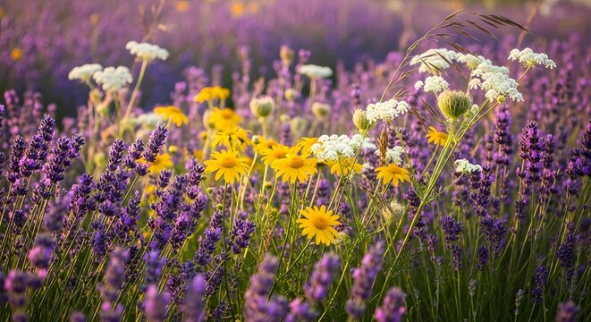 Sunlit meadow of lavender and wildflowers in summer countryside background for wellness and seasonal nature marketing
