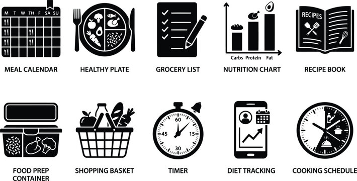 Healthy Eating Icons Set: Meal Planning to Cooking