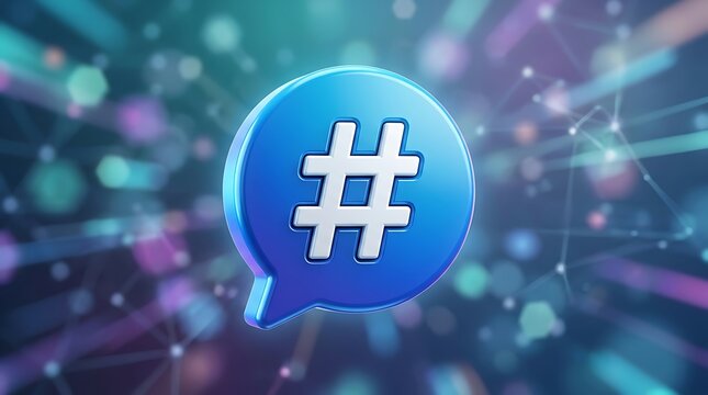 Blue hashtag speech bubble on a digital network background
