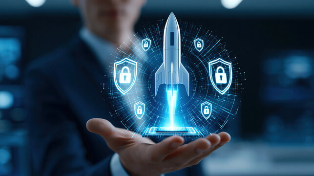 Cutting edge rocket launch hologram with cybersecurity shield icons and businessman hand presenting futuristic technology