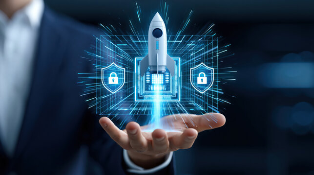 Rocket launch hologram cybersecurity digital shield data protection businessman hand technology concept startup growth innovation futuristic